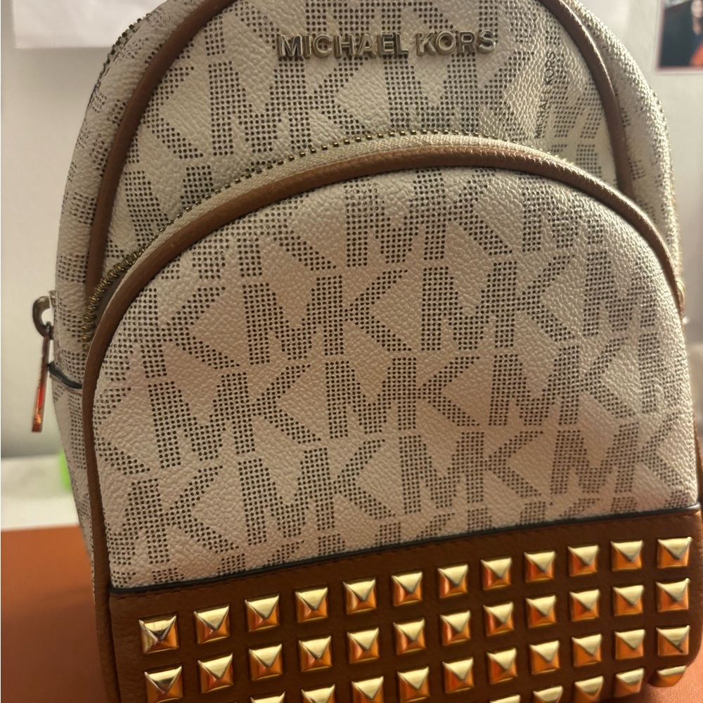 Michael Kors Cream and Brown Backpack with Gold Accents